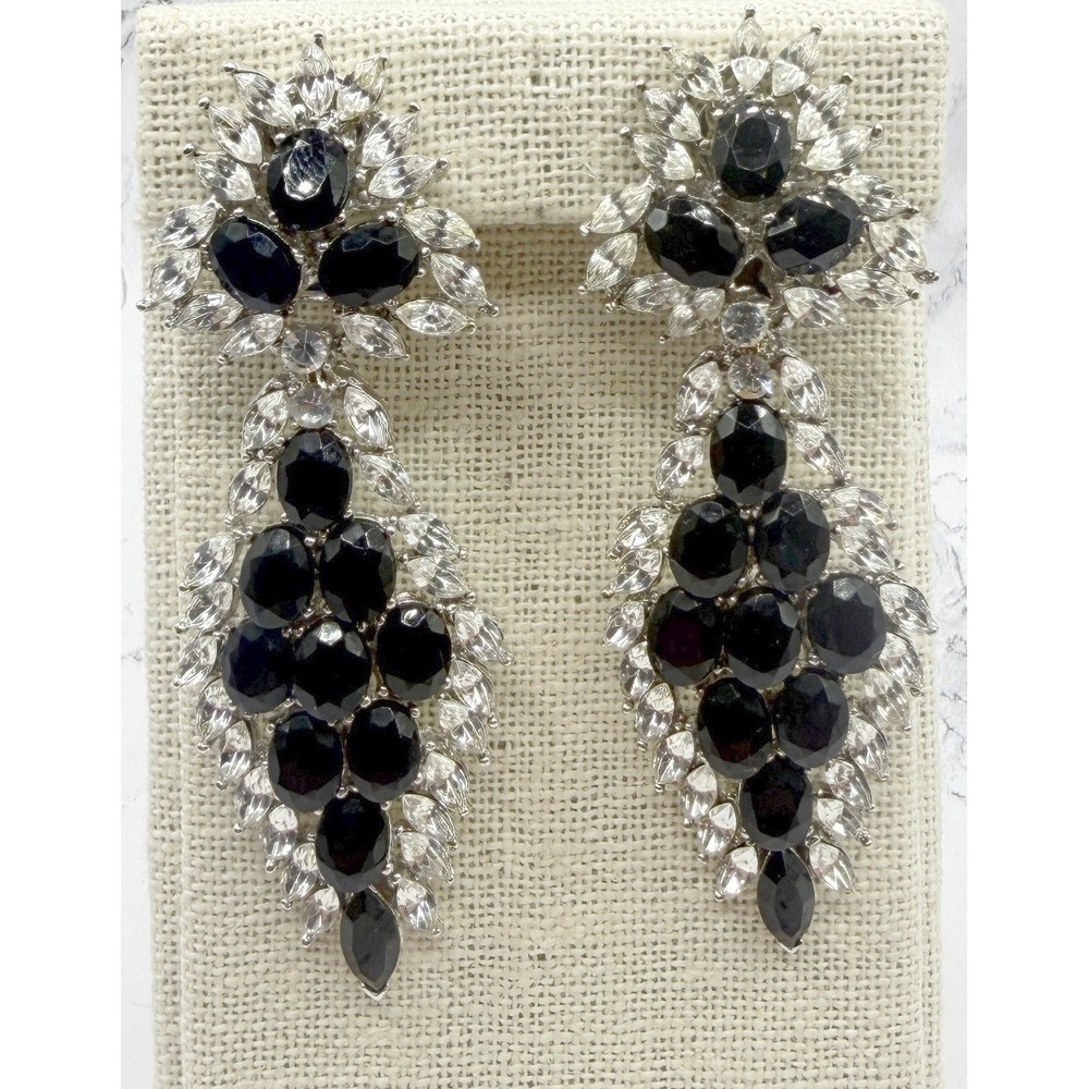 Black Clear Glass Rhinestone Clip On Dramatic Earrings Made in USA 3.25" VIDEO